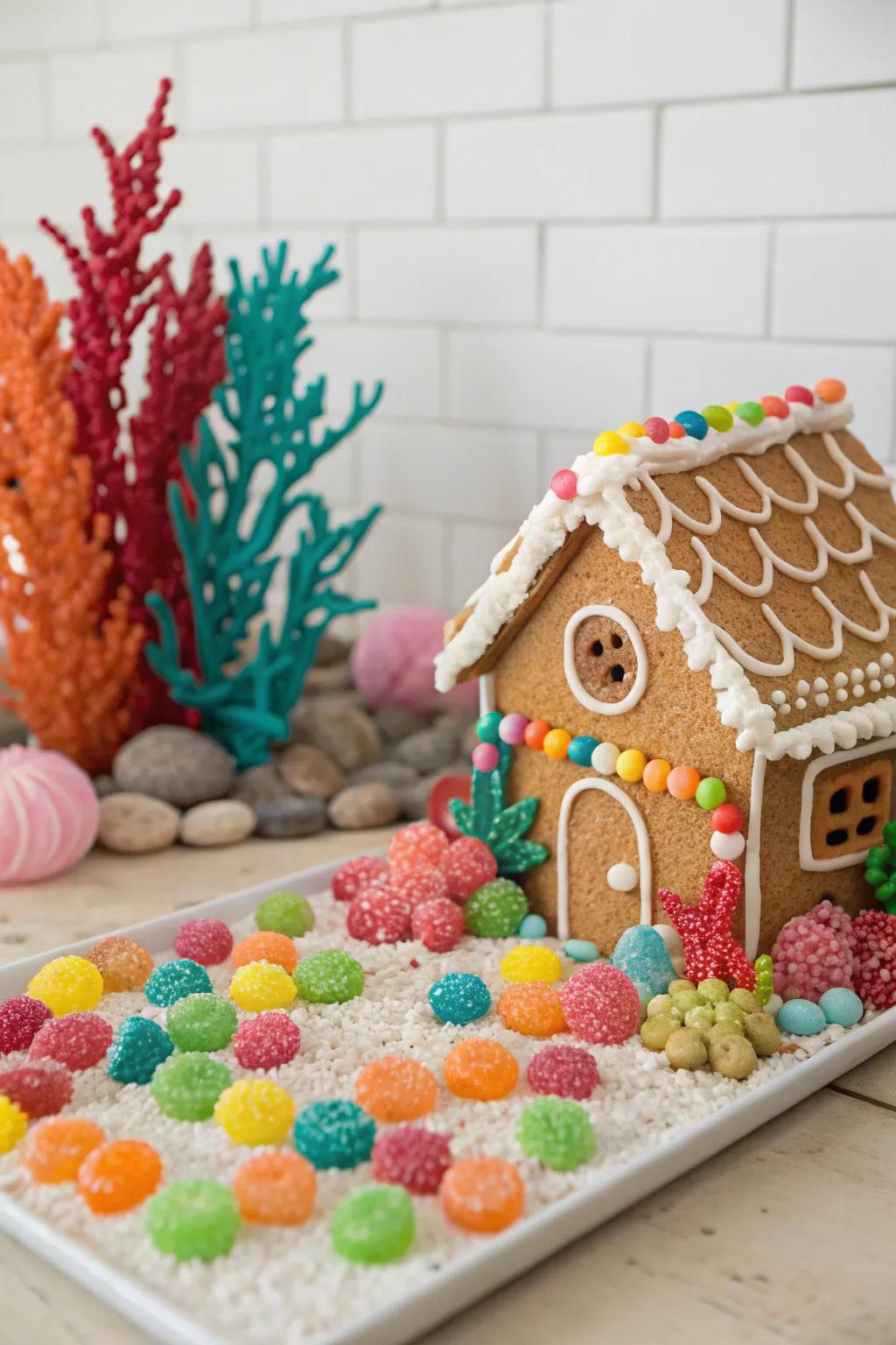 A vibrant candy reef adds color and whimsy to the beach scene.