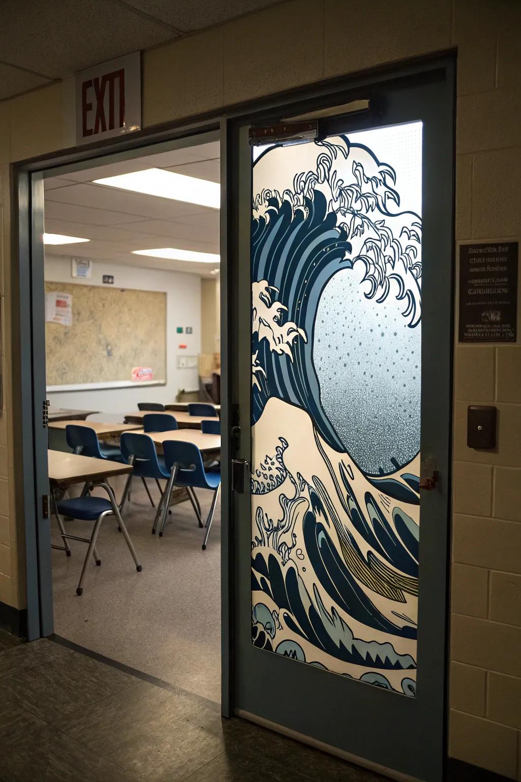 Classroom door featuring a bold tidal wave design.