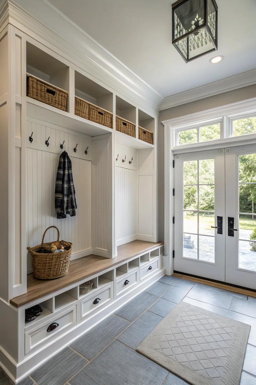 A modern mudroom with stylish beadboard paneling.