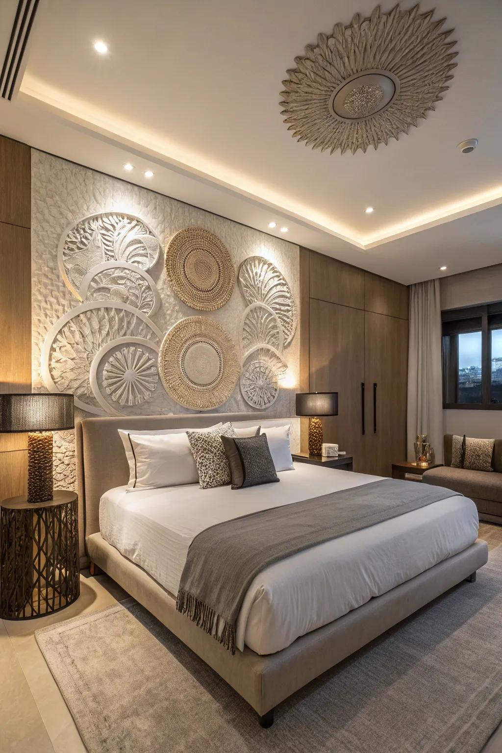 Wall sculptures can bring an artistic flair to your bedroom.