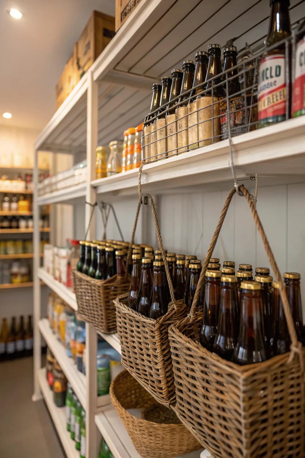 Pantry with hanging baskets holding beer bottles in an unconventional way.