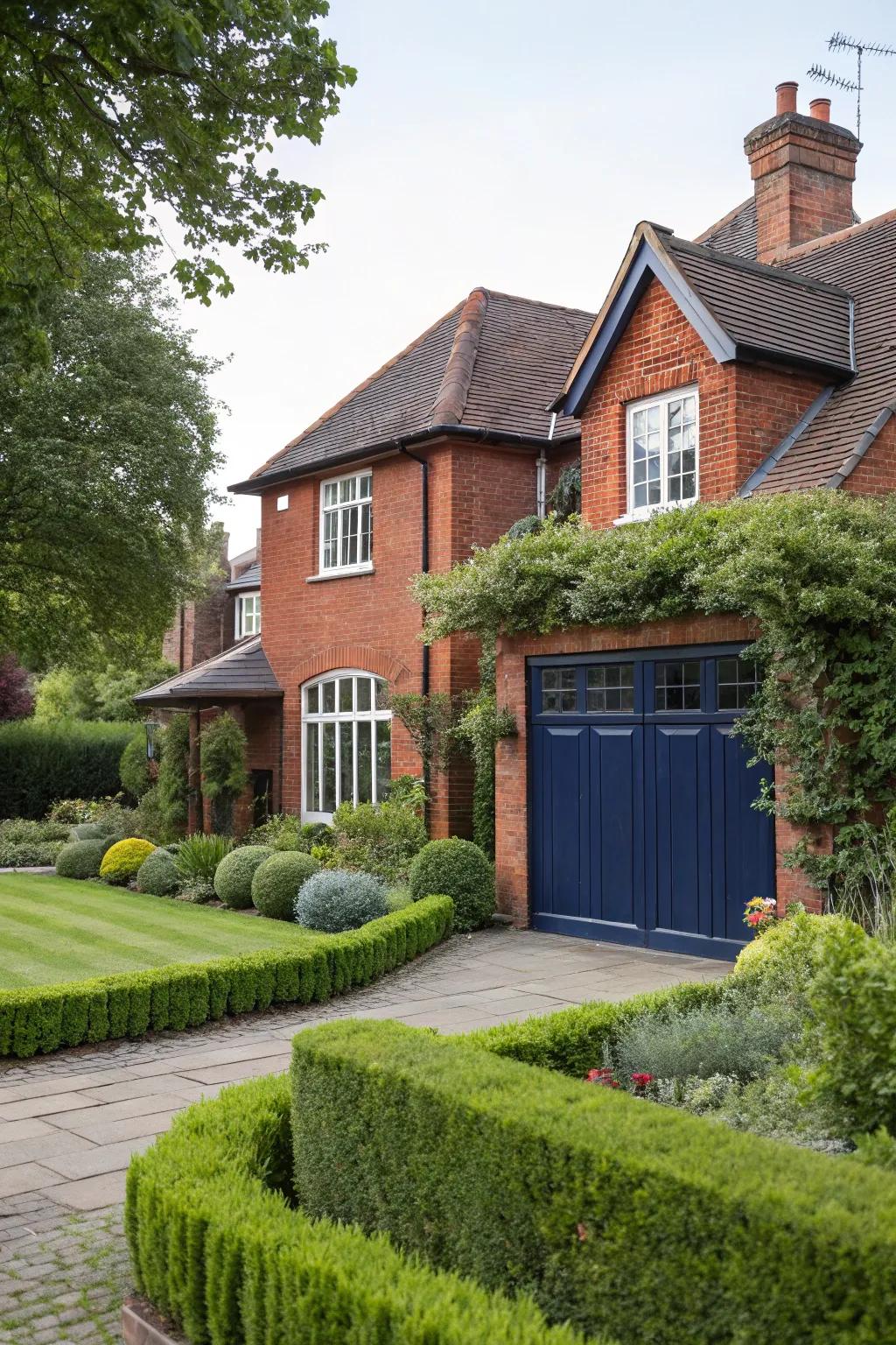 Navy blue garage doors give red brick exteriors a timeless feel.