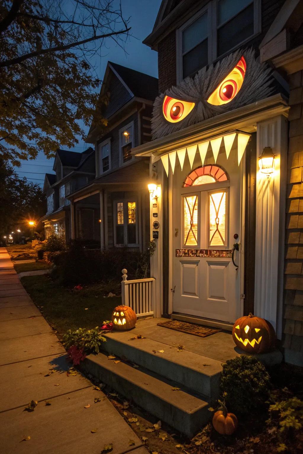 A monster doorway invites guests with a playful Halloween spirit.