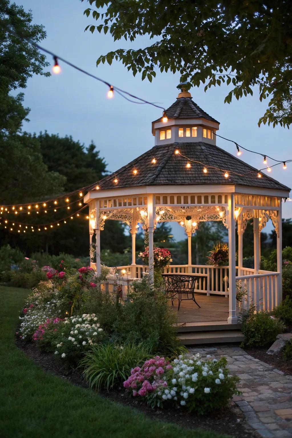 Cafe lights create a warm, inviting bistro feel.