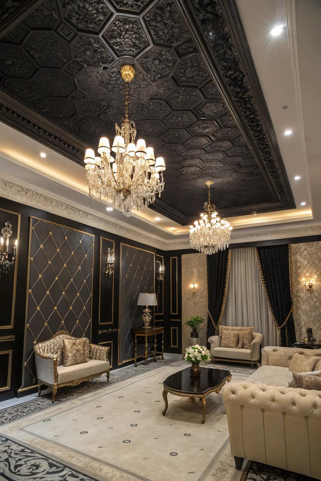 Dark painted ceilings create a dramatic and cocooning effect.