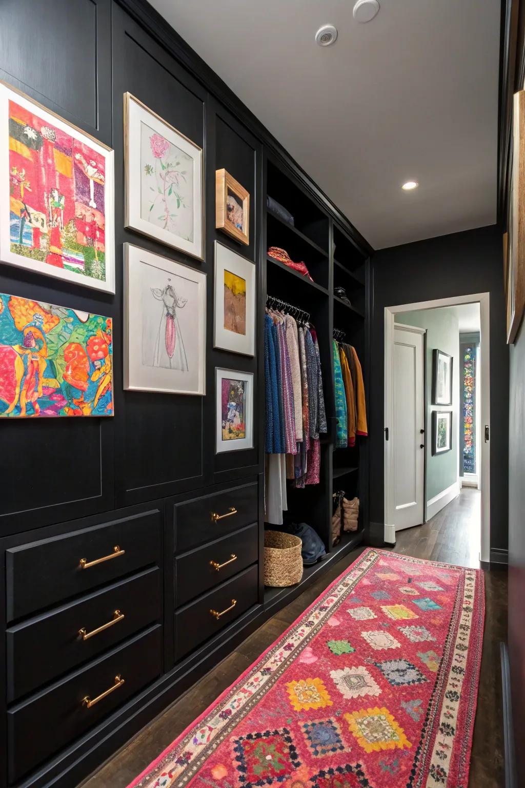 Pops of color bring energy and vibrancy to the sophisticated black closet.