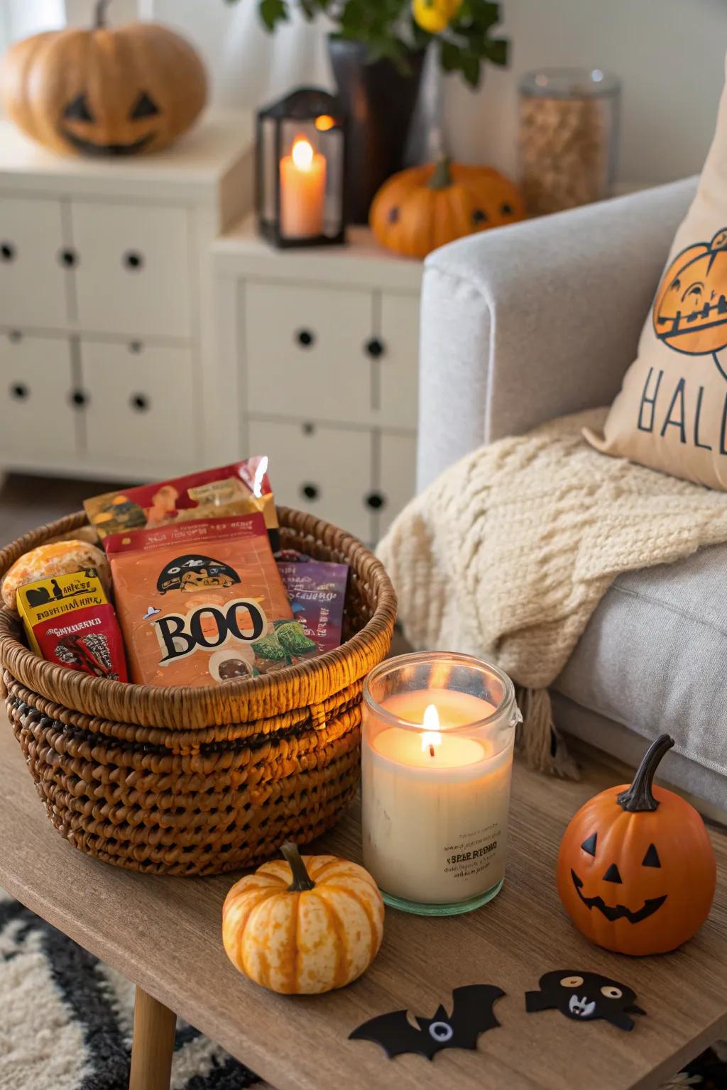 A scented candle creates a warm ambiance in your boo basket.