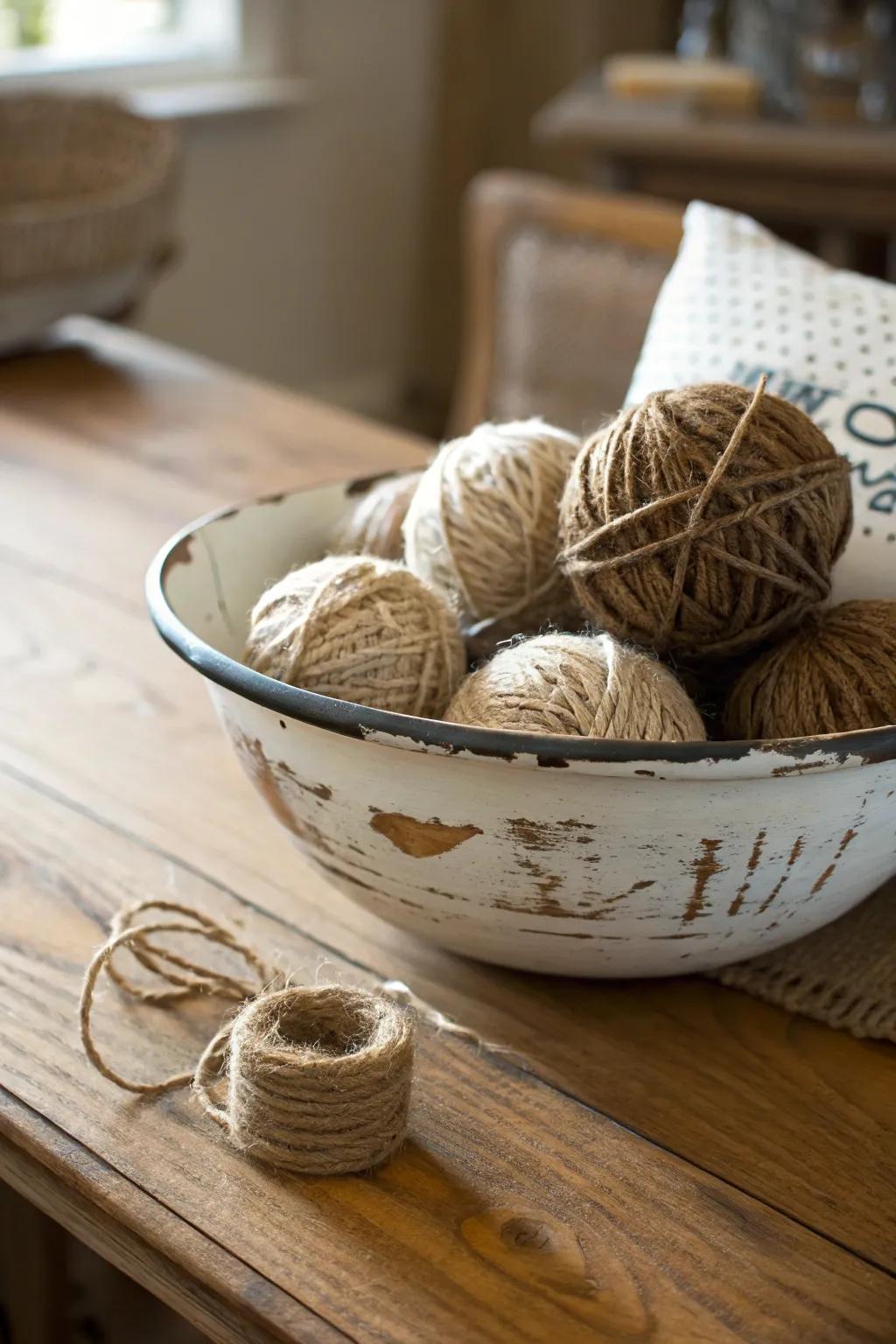 A farmhouse-style bowl filled with rustic jute balls