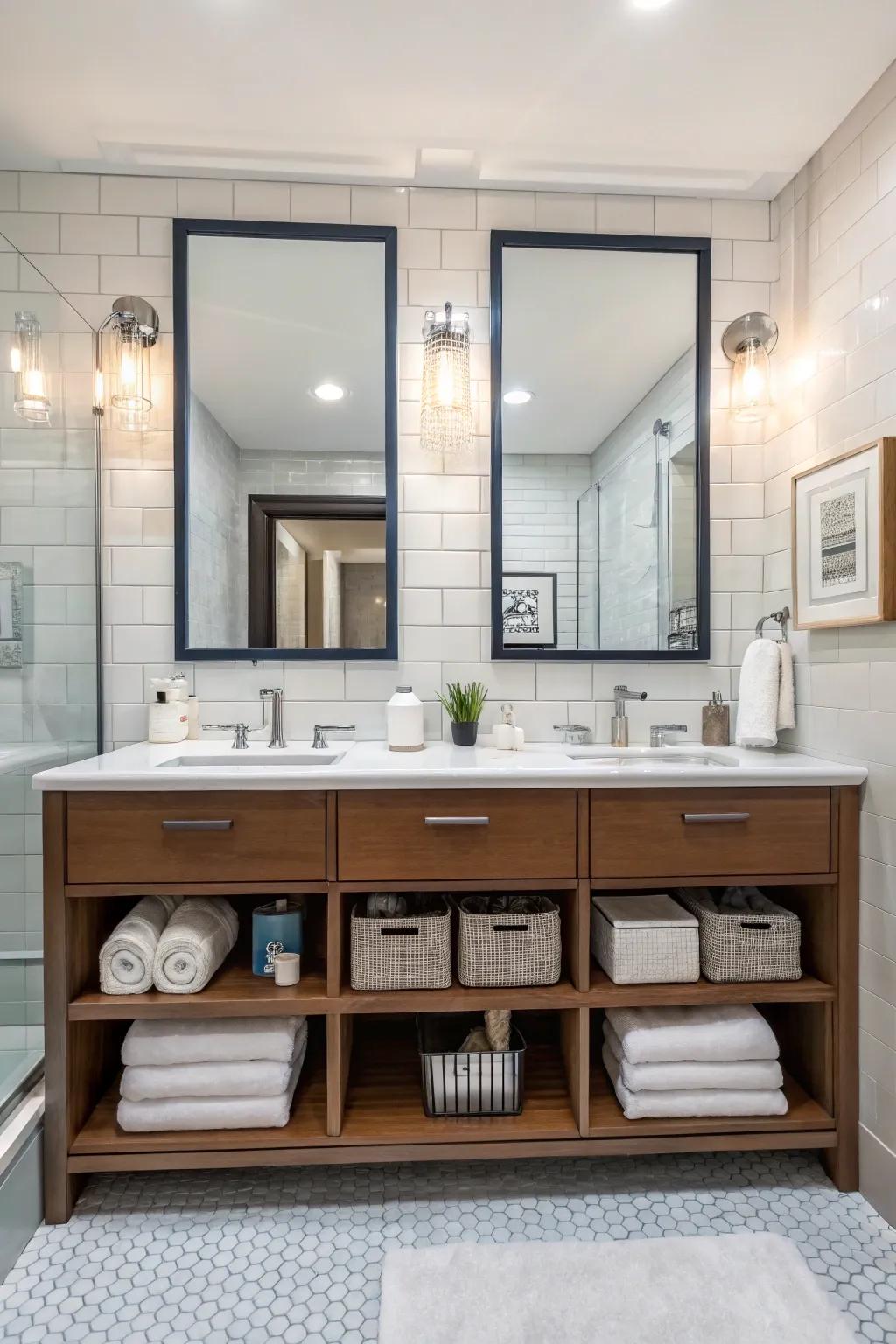 A custom vanity with open storage is both stylish and practical.