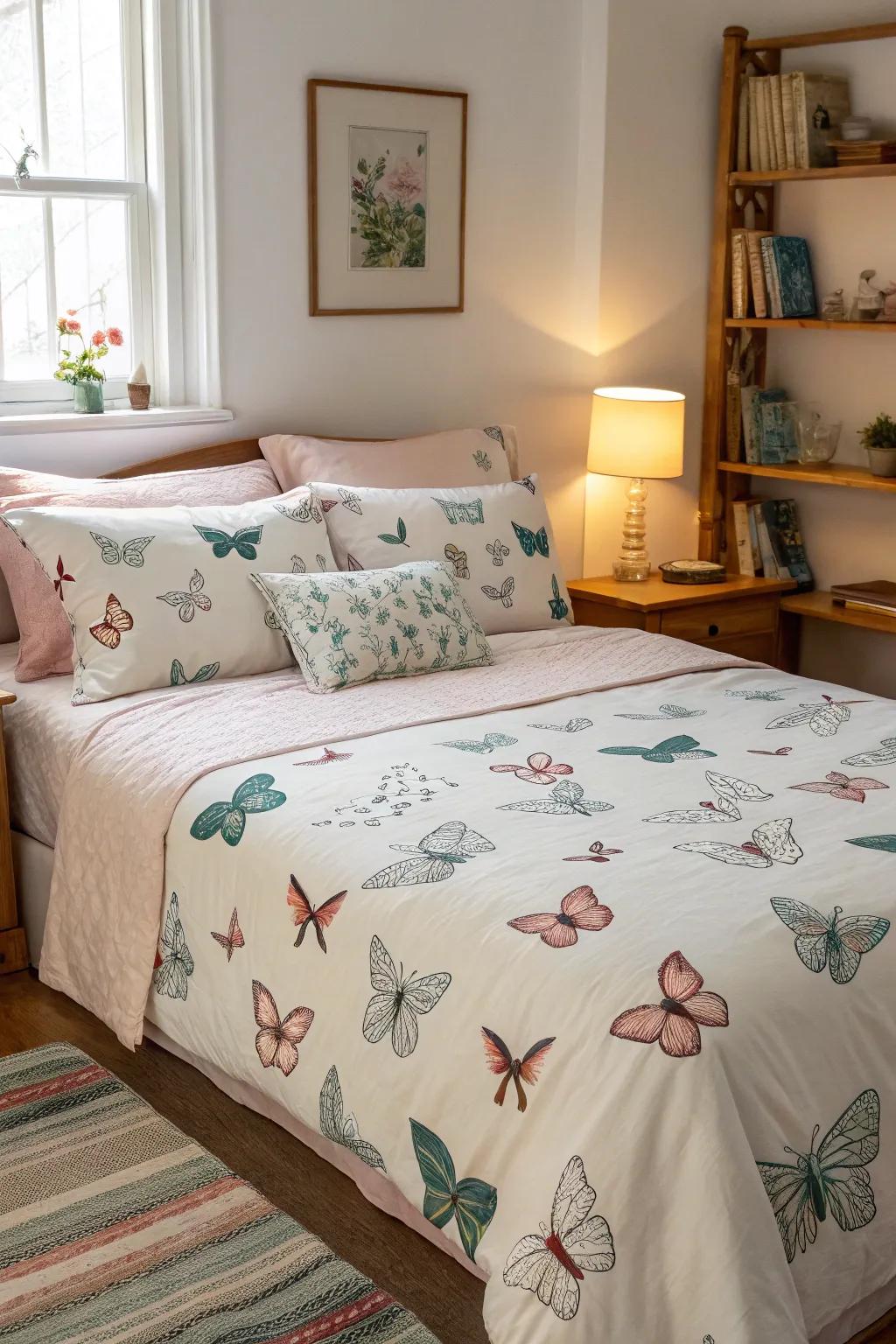 Butterfly bedding creates a serene retreat.