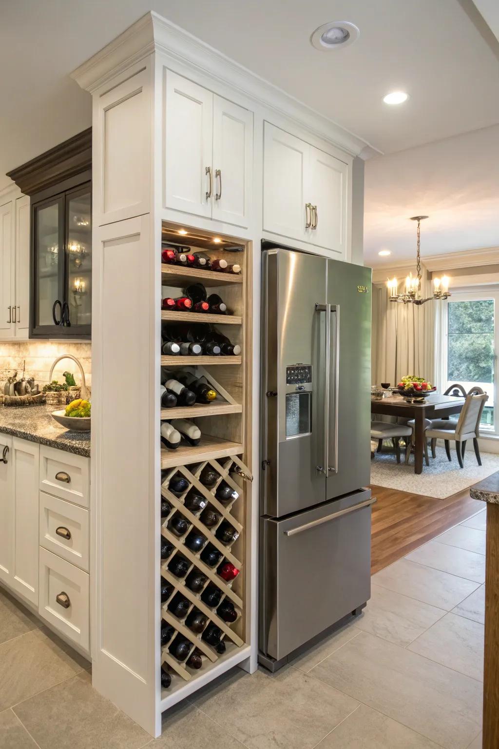 A wine rack above the fridge combines design and utility.
