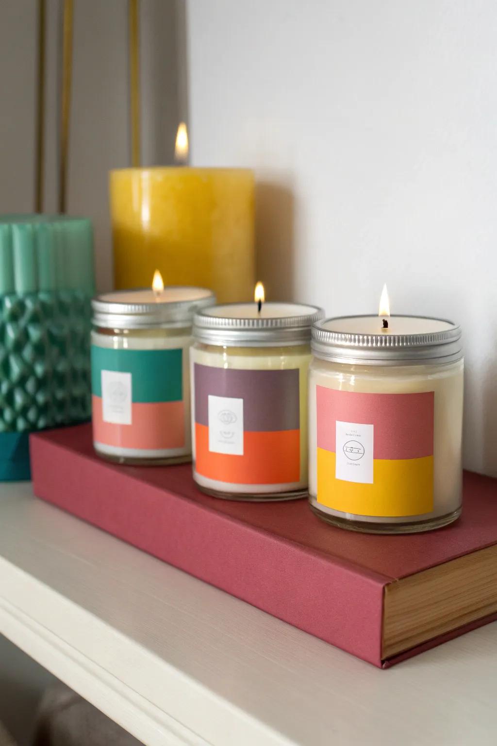 Color-coordinated candle labels for a unified design.