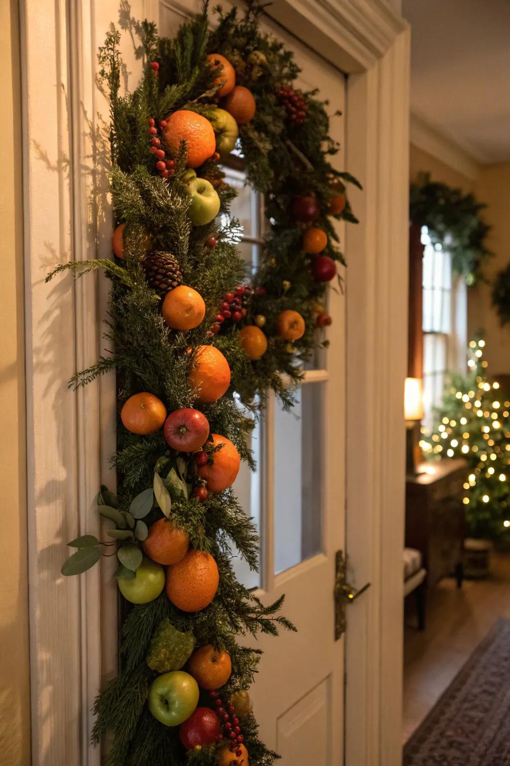 A festive fruit garland adds an old-world charm to this door.