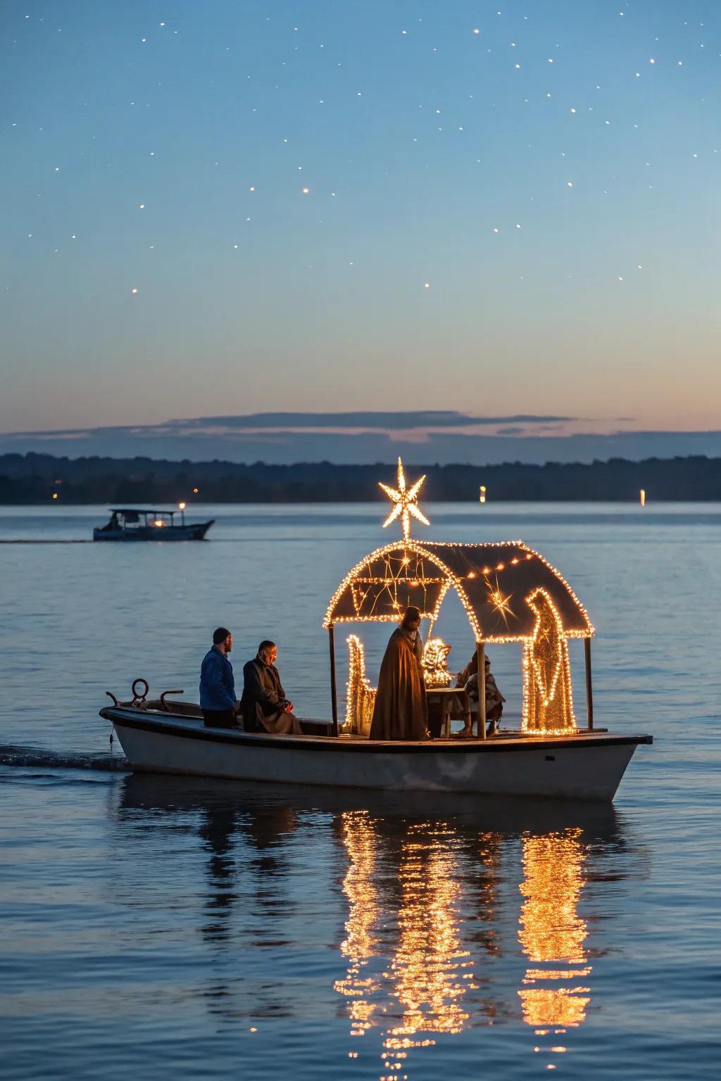 A beautiful nativity scene afloat, bringing peace and reflection.