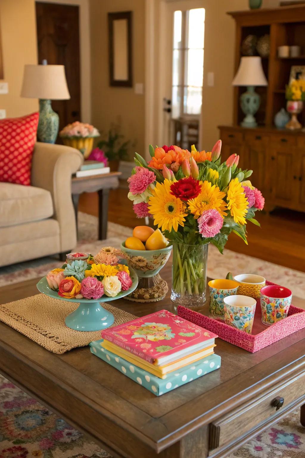 A pop of color adds vibrancy and focus to your coffee table decor.