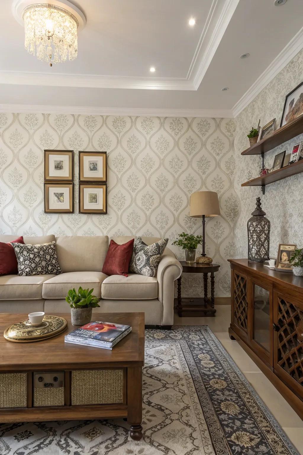 Partial wallpapering adds depth and intimacy to this spacious living room.