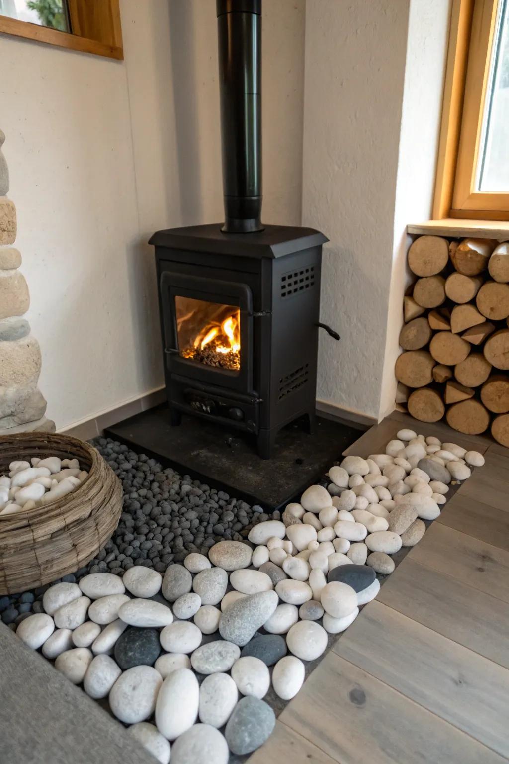 Eco-friendly pebbles add a zen touch to your stove area.