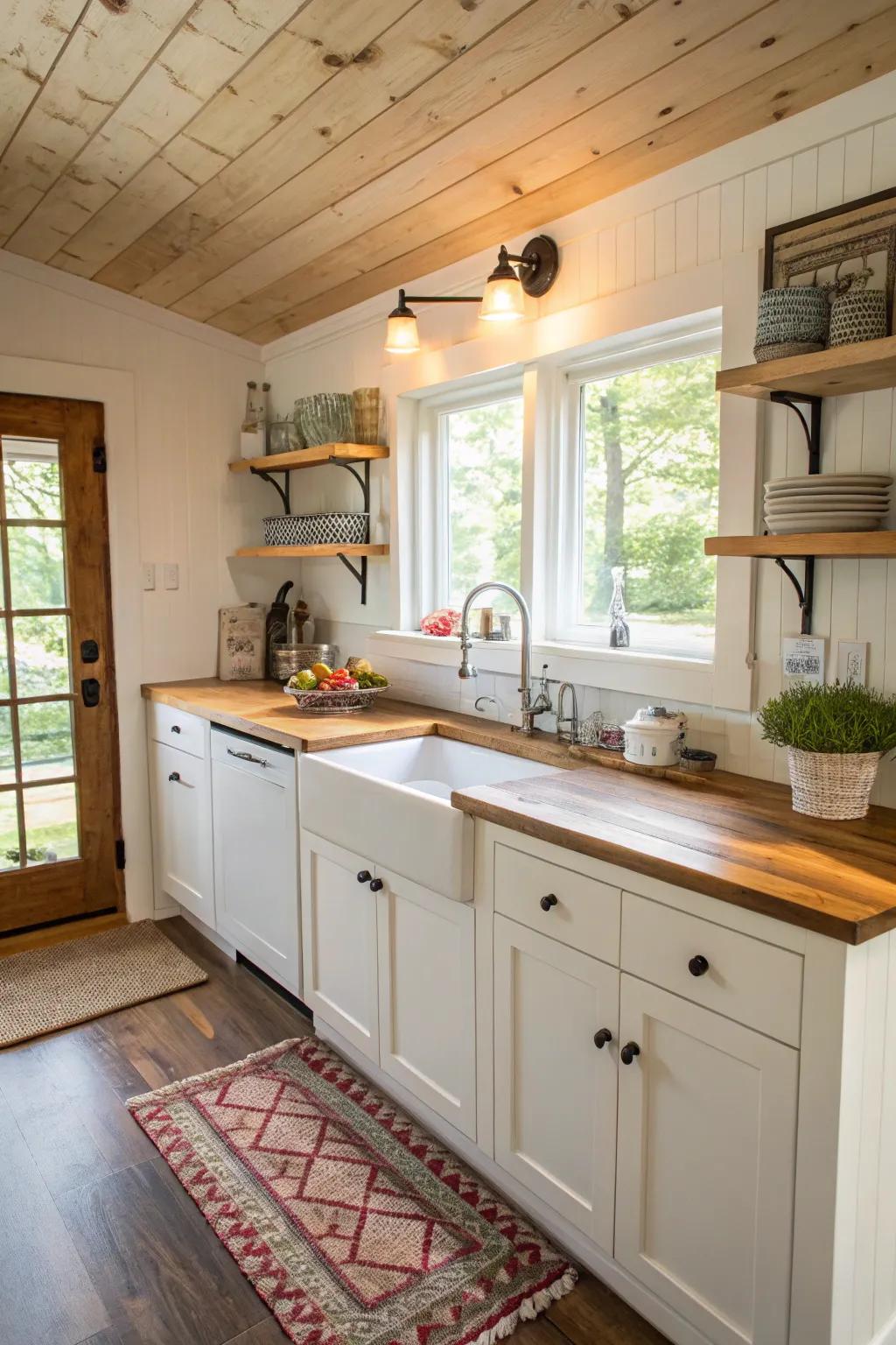 Warm butcher block countertops complement the white cabinets.