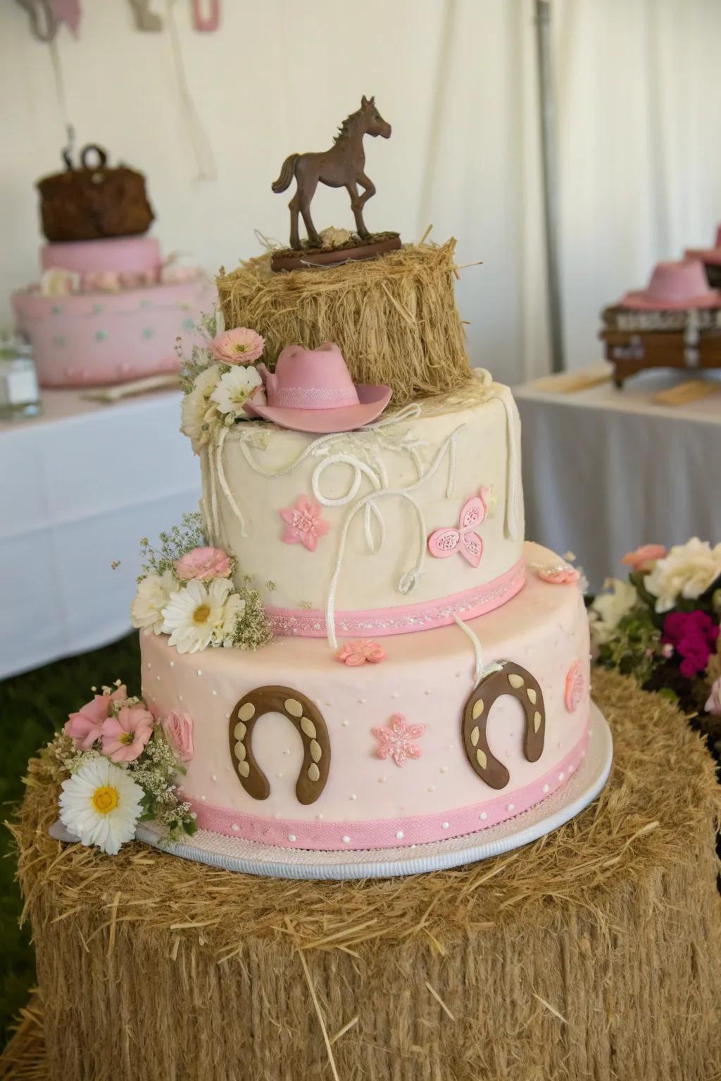 A hay bale base adds rustic charm to this cowgirl baby shower cake.