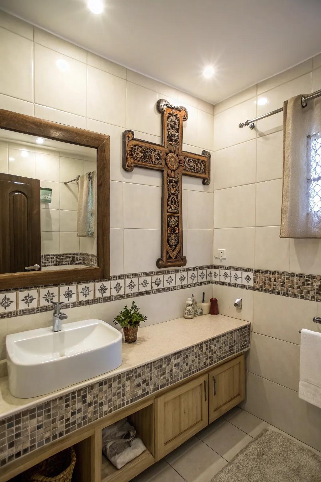 Unexpected cross wall decor in a bathroom.