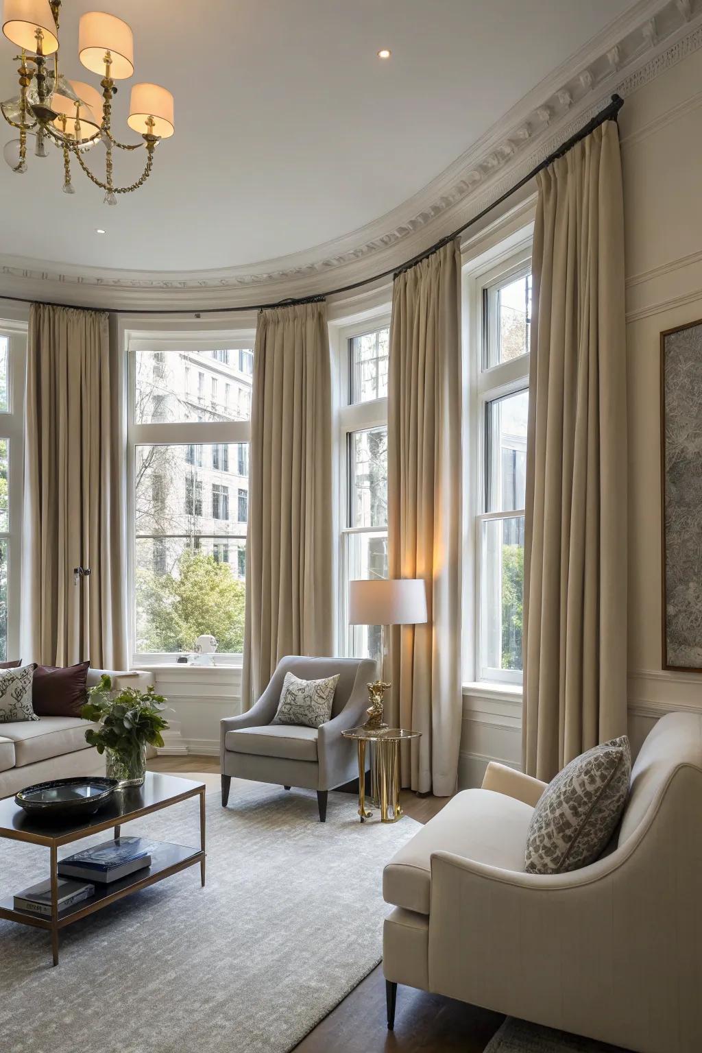 An uninterrupted beam crafts a streamlined and unified window dressing.
