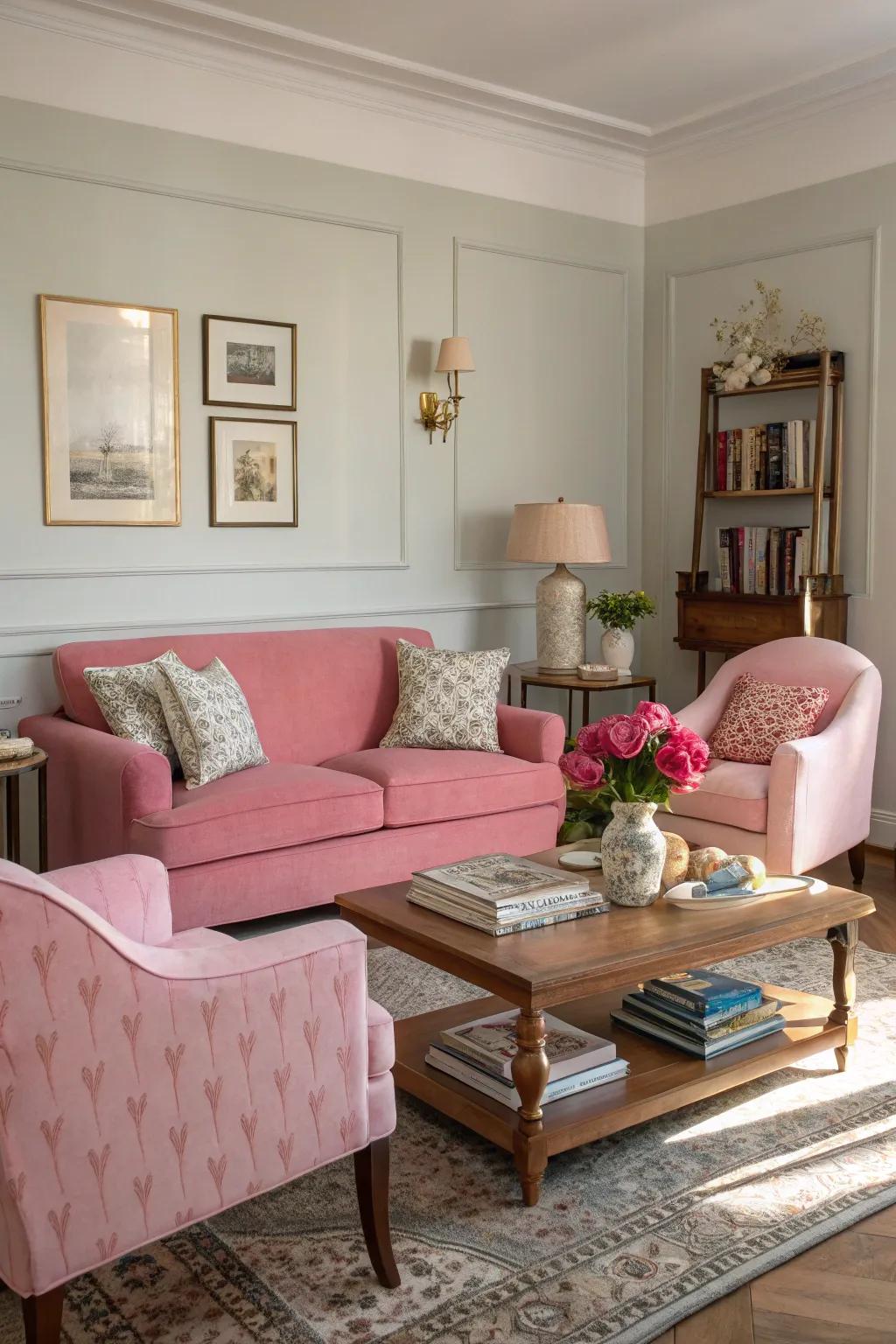 Pink and neutral tones blend for a sophisticated living space.