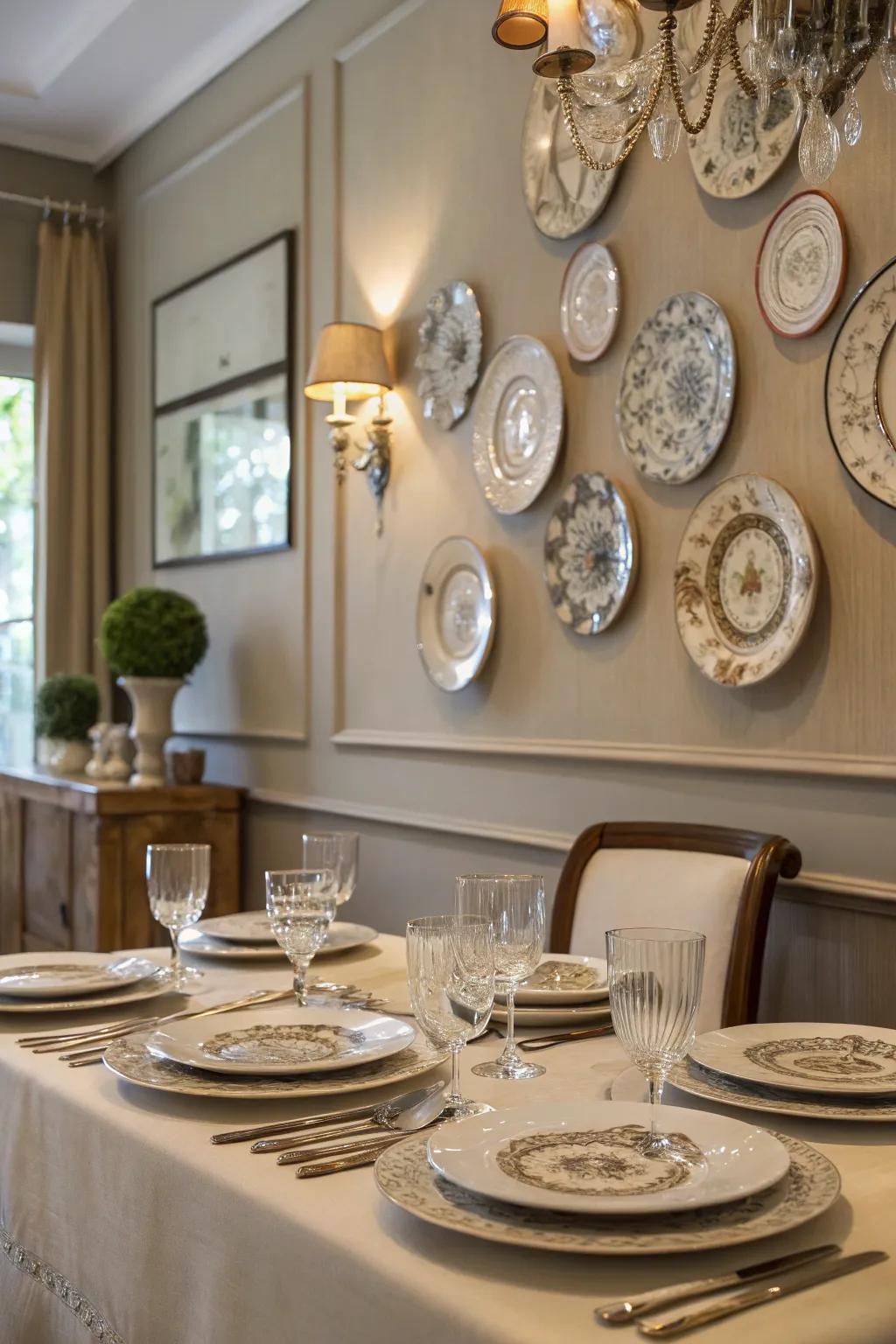 Plates complementing the table setting enhance the dining room.