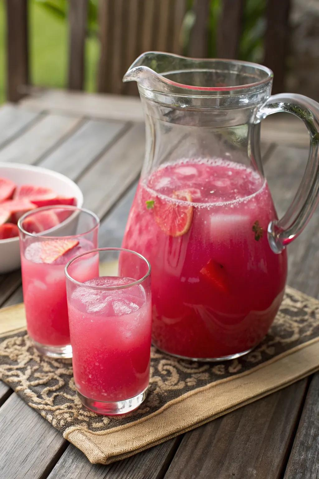 A pitcher of prickly pear punch with glasses filled with vibrant pink liquid.