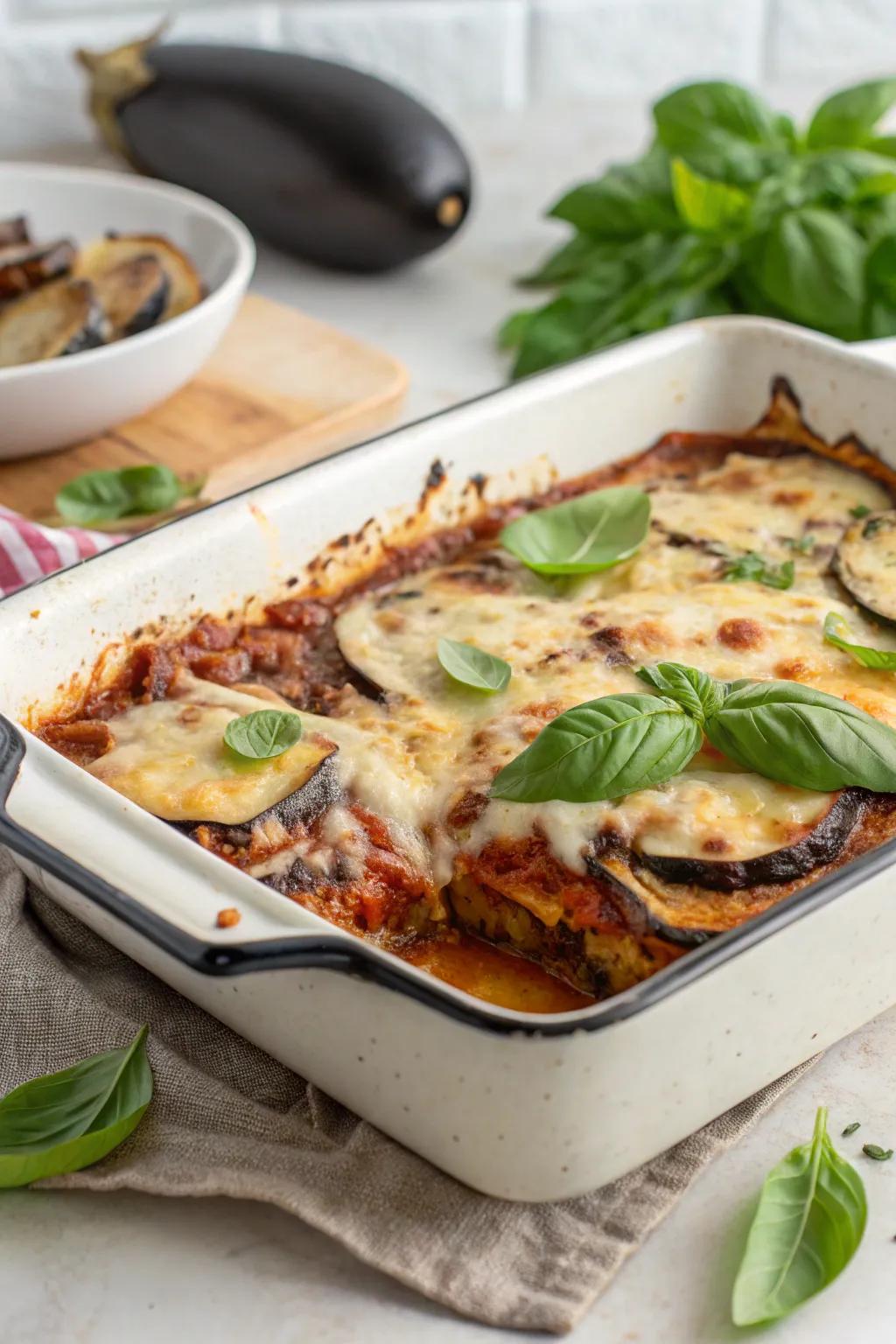 Layered eggplant Parmesan with bubbling cheese.