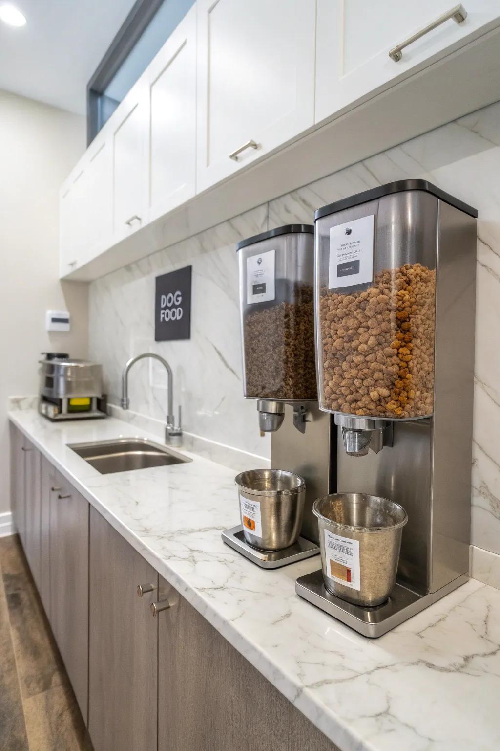 Wall-mounted dispensers offer a sleek, modern approach to dog food storage.