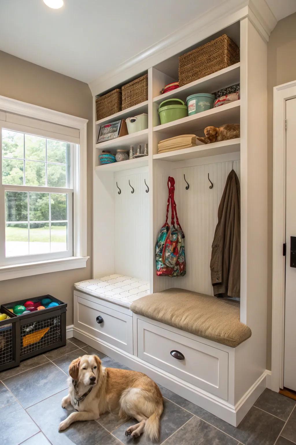 A mudroom featuring a dedicated canine nook and orderly pet accessory repository.