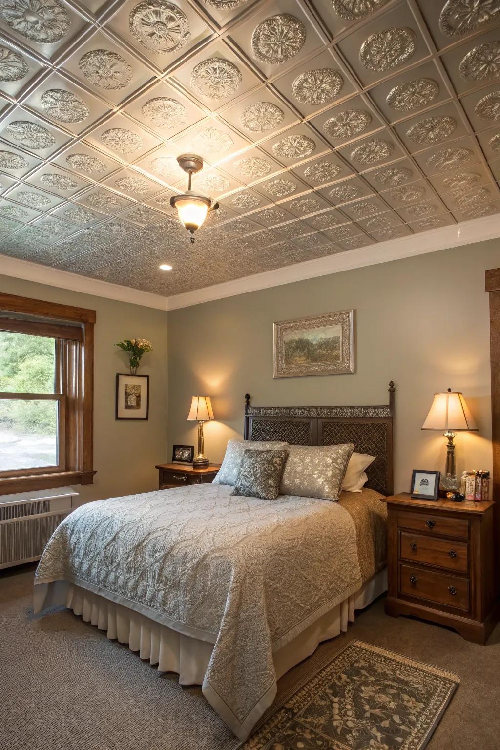 Affordable elegance with faux tin ceiling tiles.