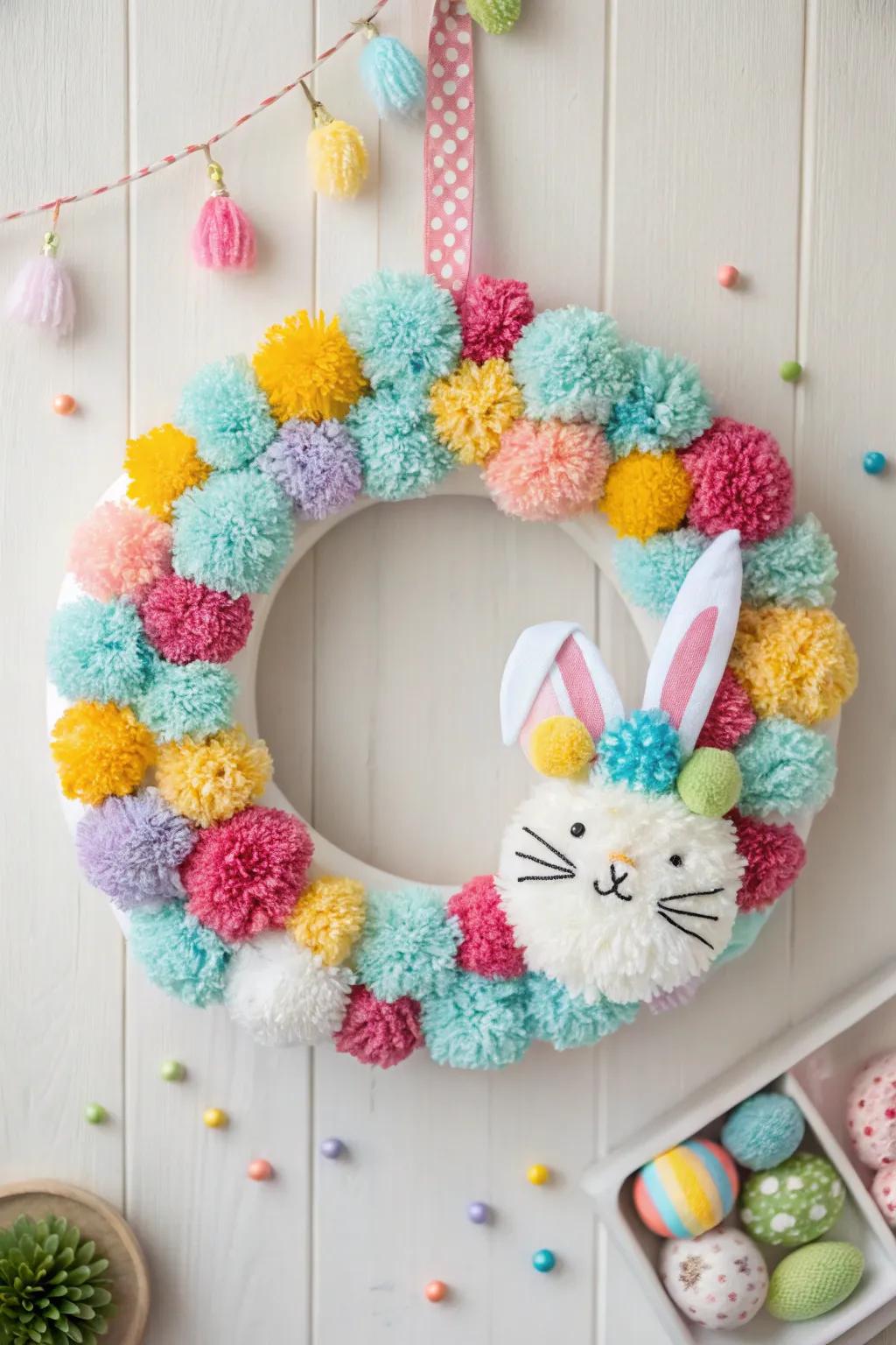 A fun and whimsical Easter wreath with pom-poms and a bunny, perfect for playful decor.