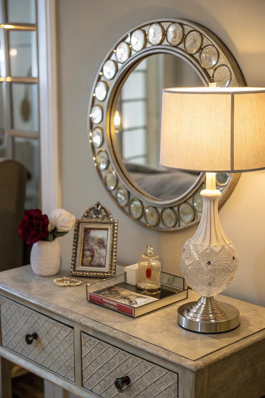 A decorative mirror adds depth and light to an end table.