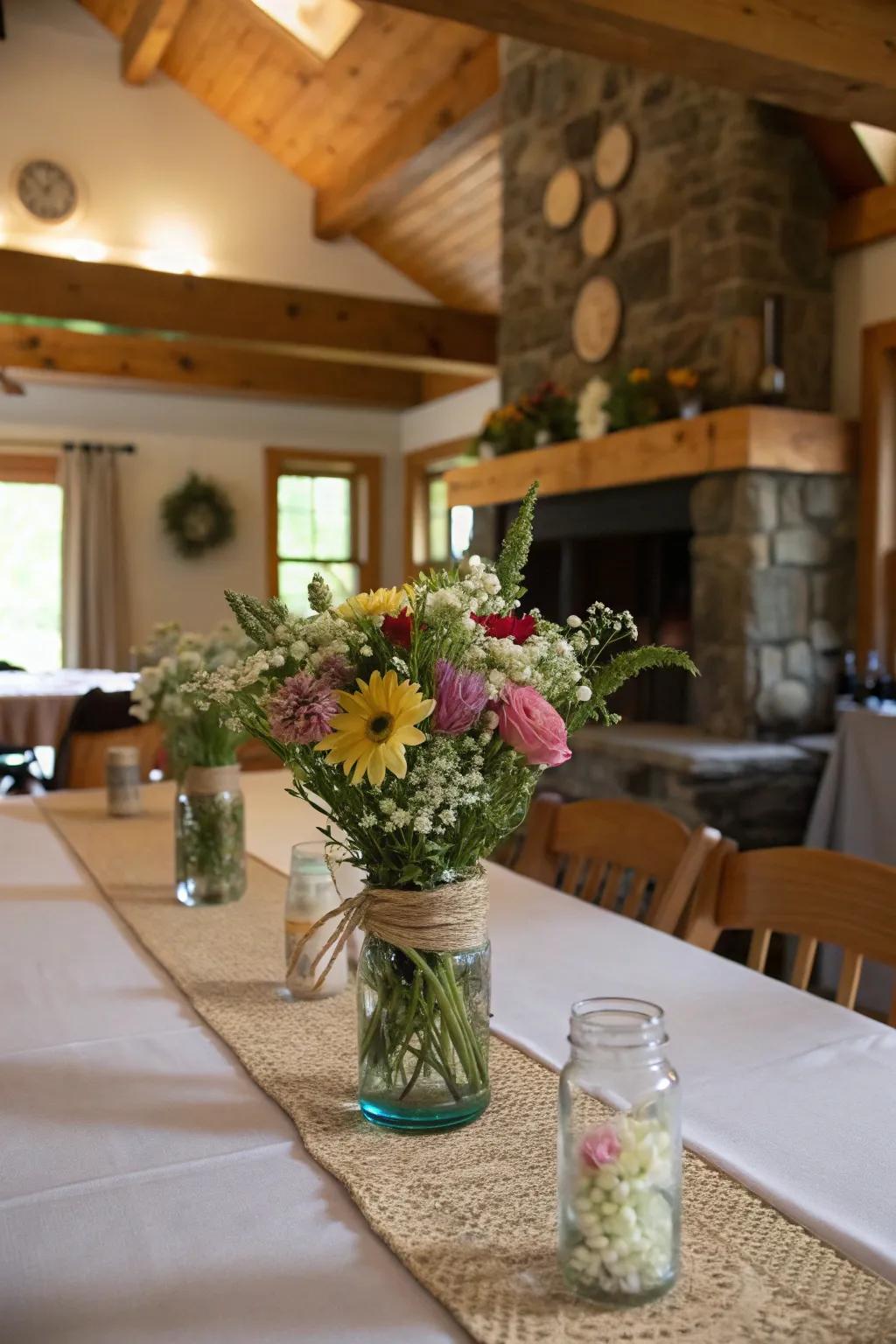 Rustic centerpieces add a personal and natural touch to this farmhouse dining table.