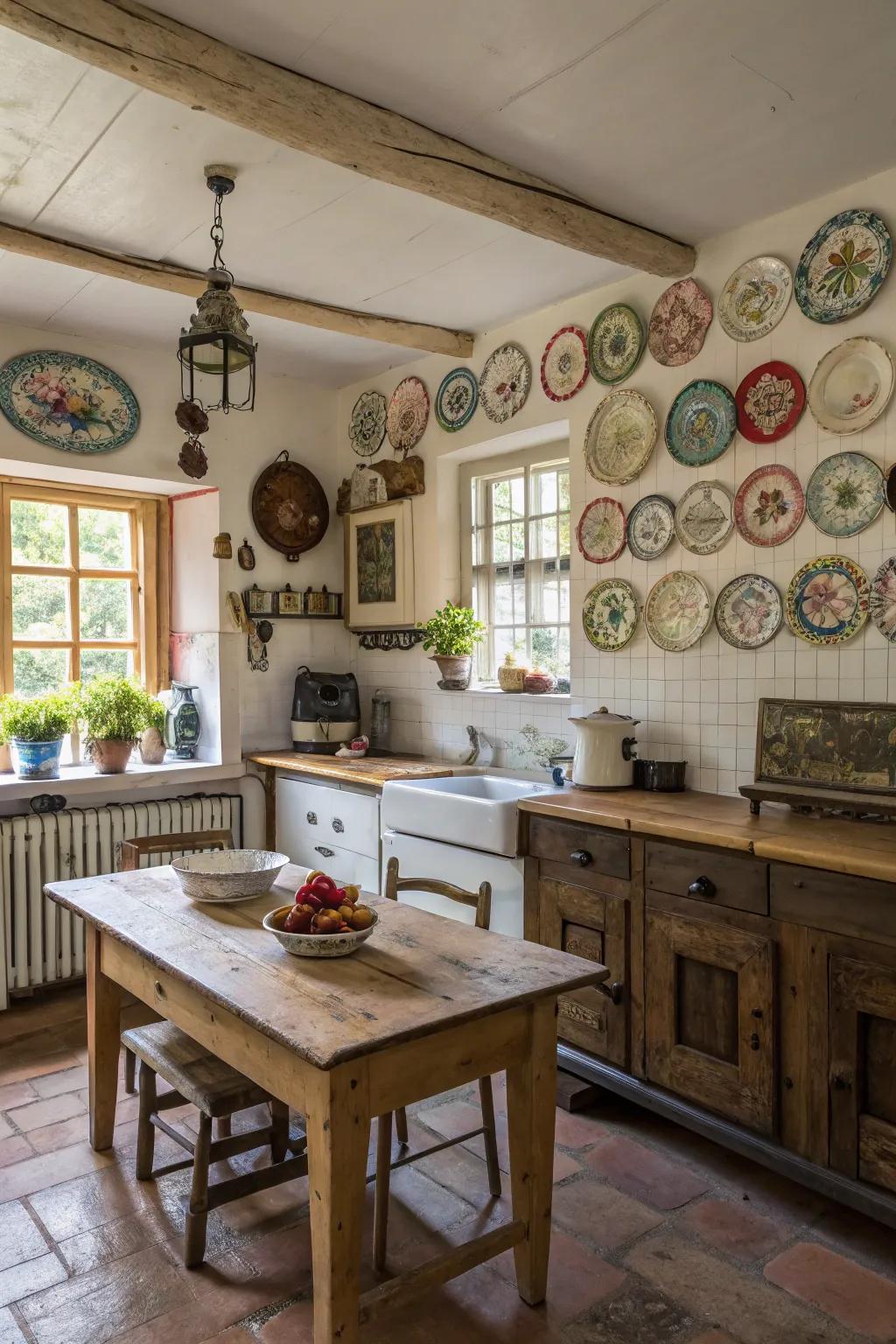 Charming plate displays adding color and pattern to a farmhouse kitchen.