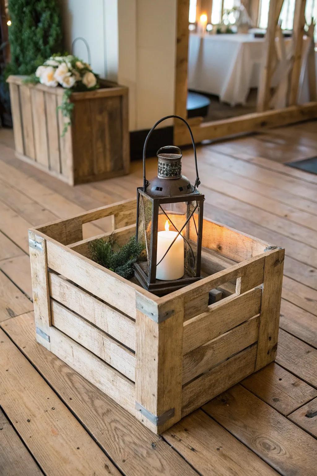 A wooden crate adds texture to lantern displays.