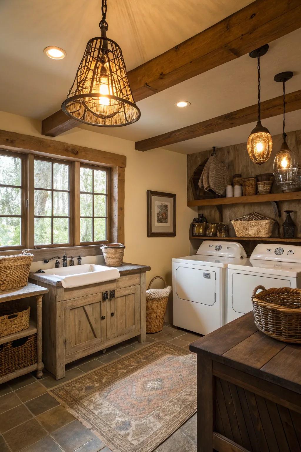 Pendant lighting adds an industrial touch while illuminating this farmhouse laundry room.