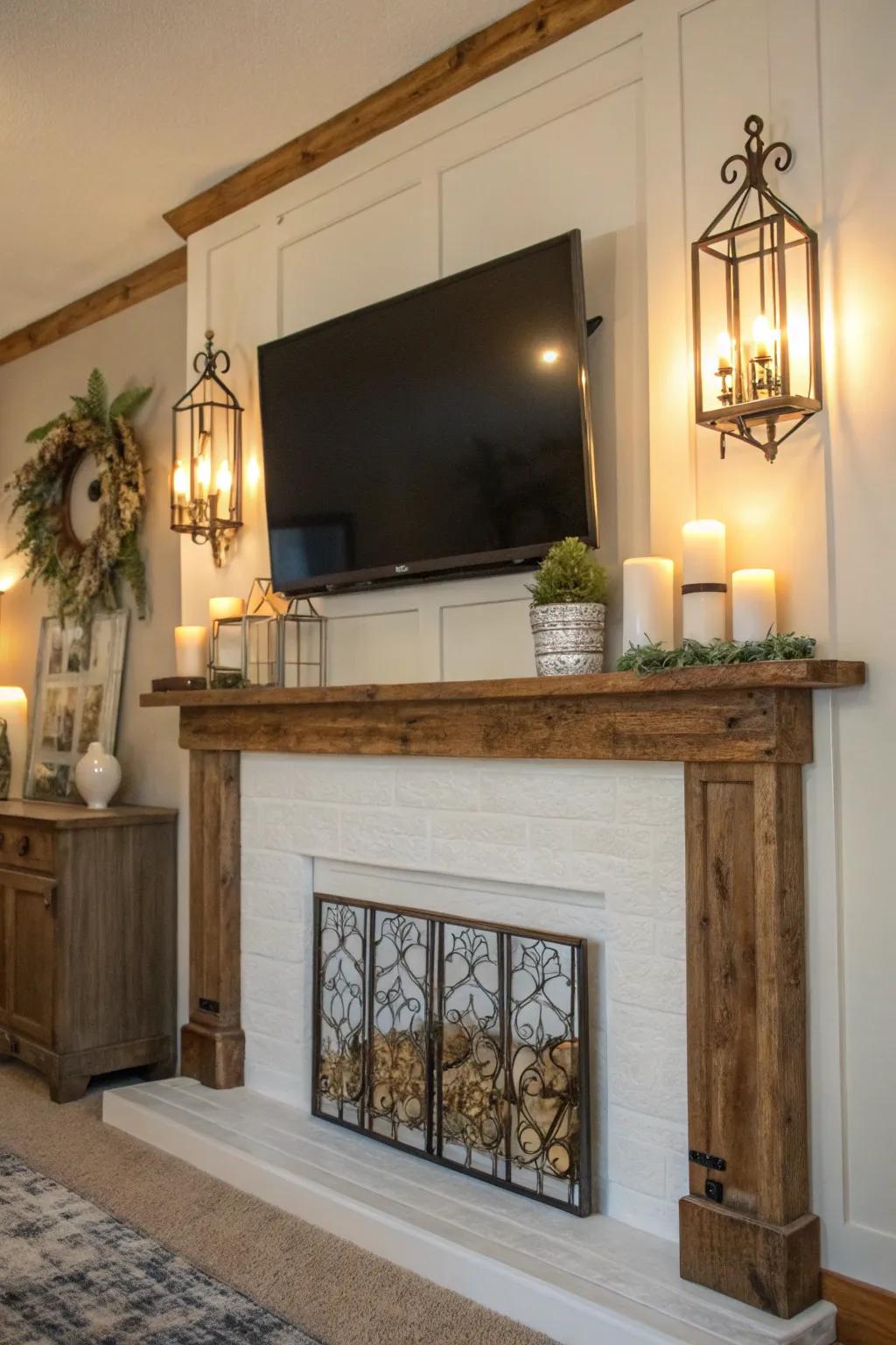 A farmhouse mantel with a TV above, beautifully highlighted by wall sconces.