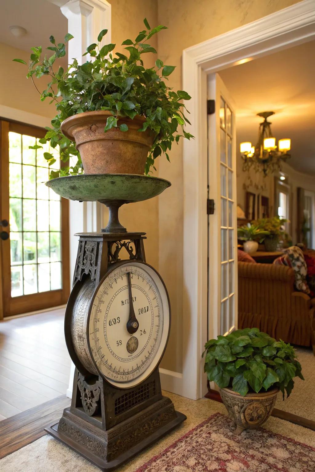 A creative planter stand using a vintage scale.