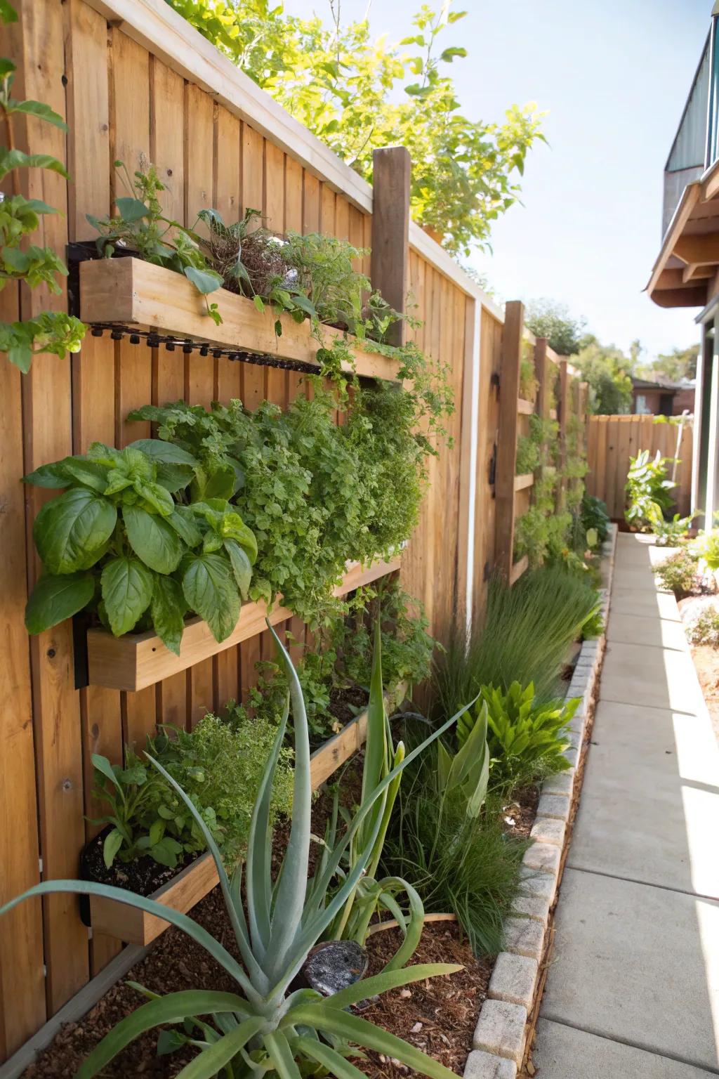 A vertical garden fence maximizes space beautifully.