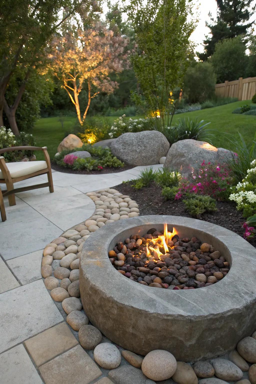 Pebble-embedded capstones add playful texture.