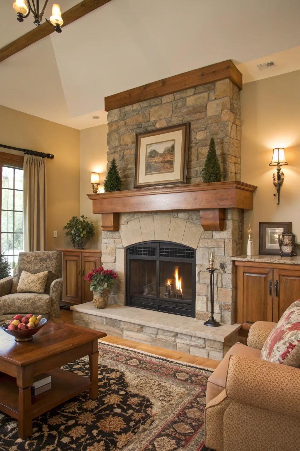 A living room featuring a natural wooden mantel and stone hearth, enhancing warmth and earthiness.