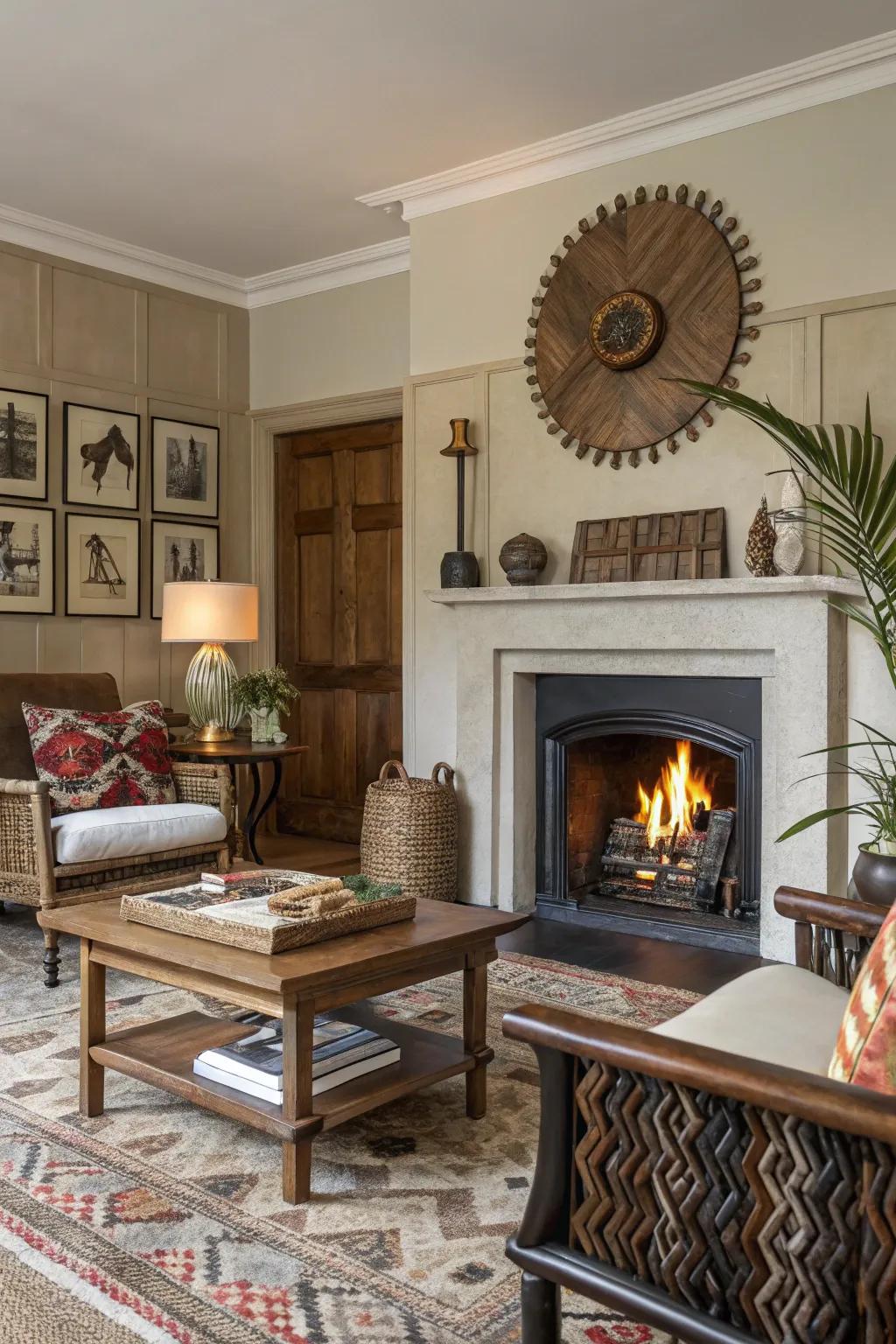An eclectic living room featuring a central fireplace that blends traditional and contemporary decor styles.