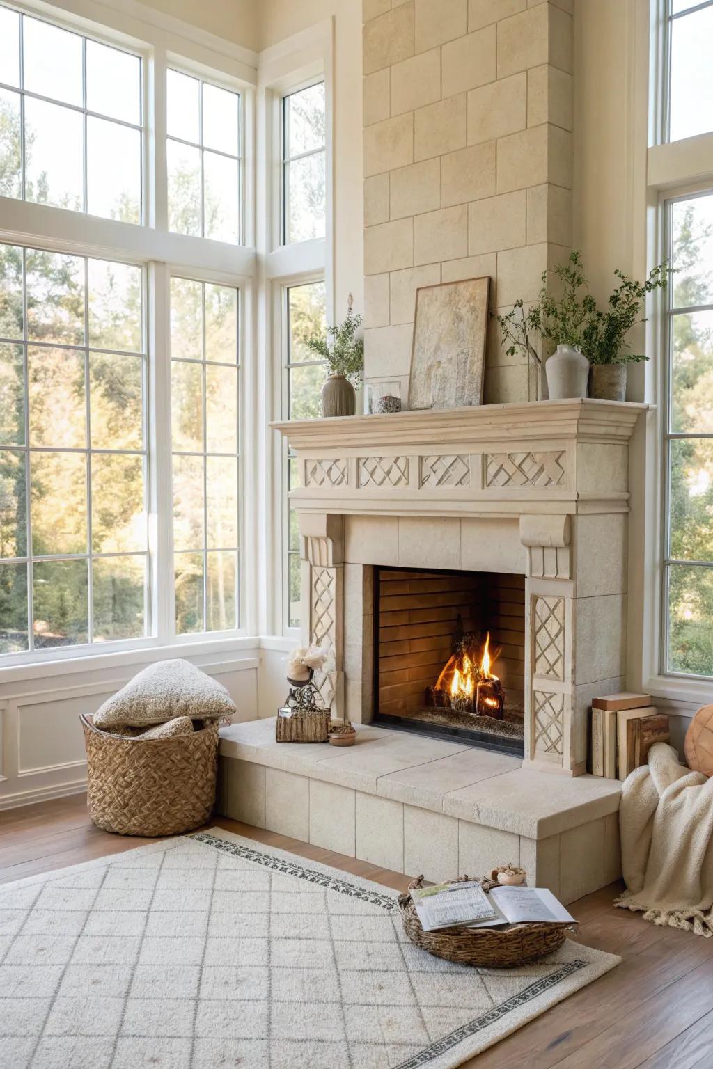 Light neutral tiles create an airy and uplifting fireplace design.