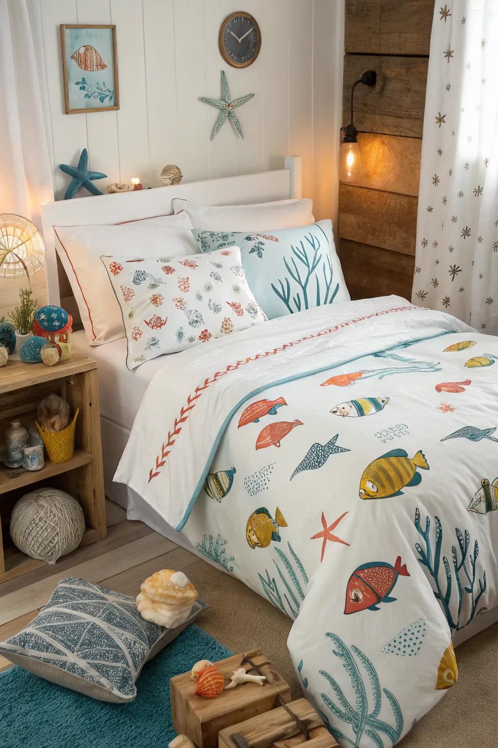 Your sleeping space is given a whimsical touch by fish-printed bedding.