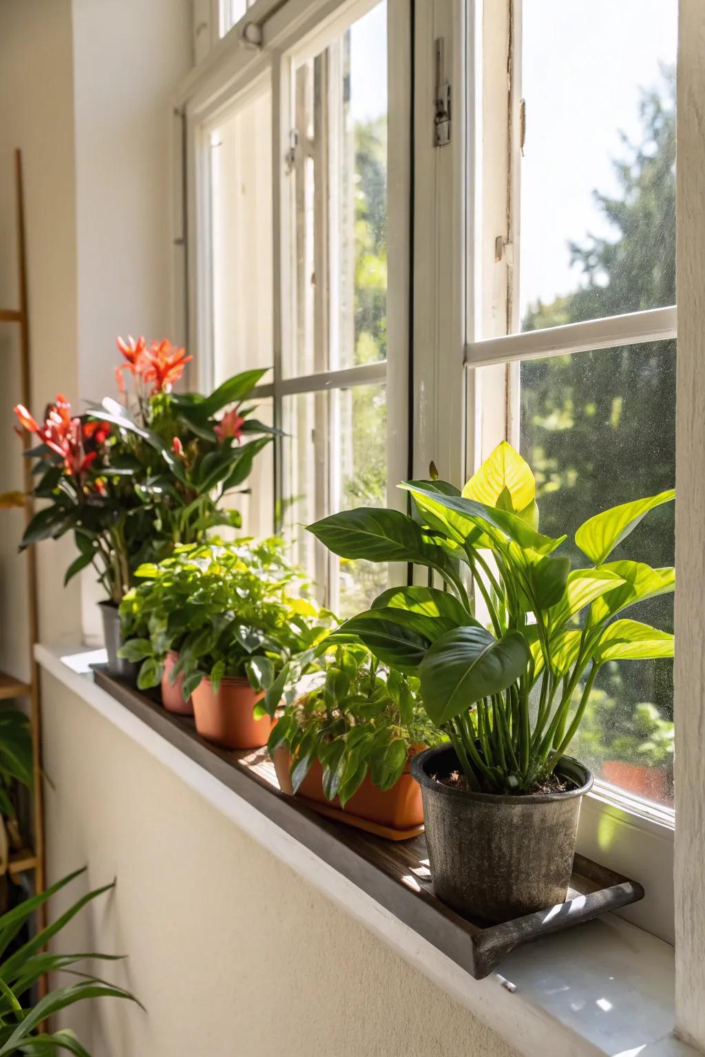 Window floating shelf creating a perfect spot for plants.