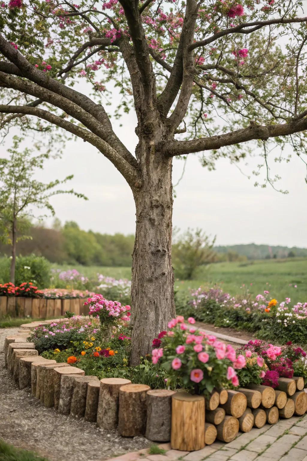 Unprocessed logs generate an appealing border for this tree's flower bed.