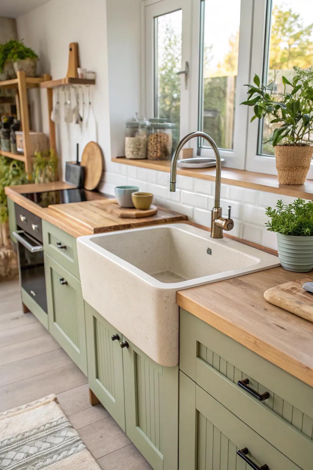 An eco-friendly kitchen featuring a sustainably made free standing sink.