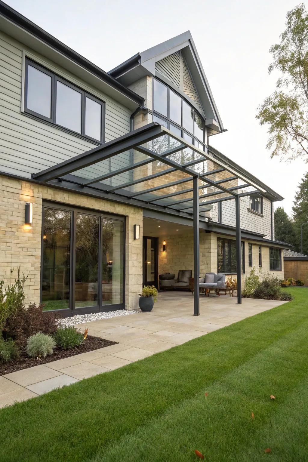 A streamlined metallic canopy imparts contemporary elegance to the front portal.